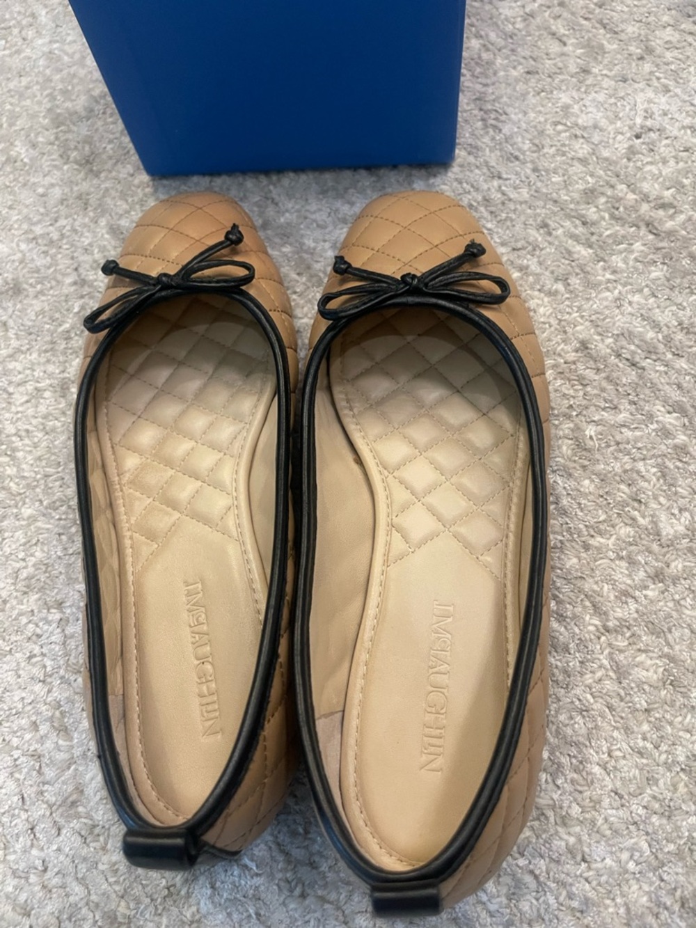 J. McLaughlin Tan Quilted Ballet Flats with Black Trim Anastasia